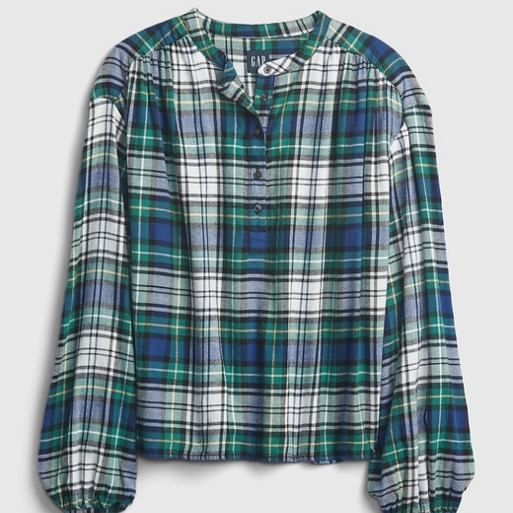 GAP Women's XL Shirred Henley Plaid Cotton Flannel Top